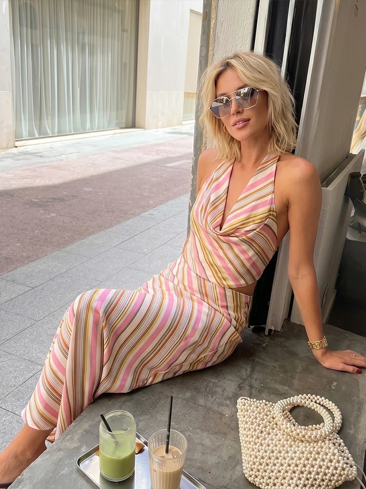 Sienna Bohemian Striped Satin Two-Piece Set - Women's Coordinated Two-Piece Outfit