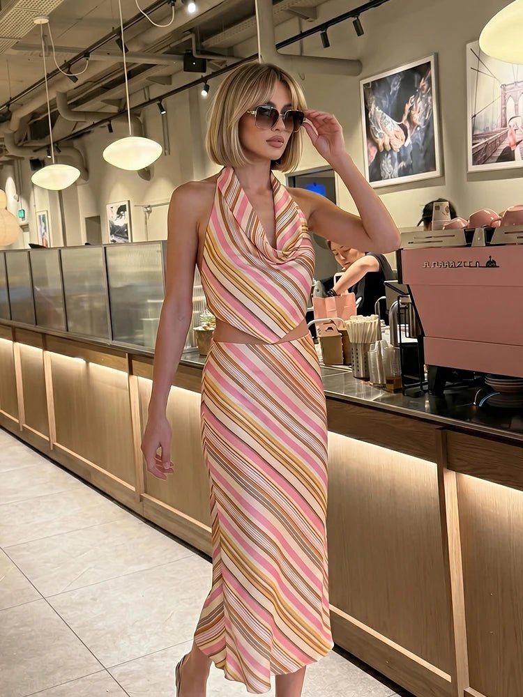 Sienna Bohemian Striped Satin Two-Piece Set - Women's Coordinated Two-Piece Outfit - Image 4
