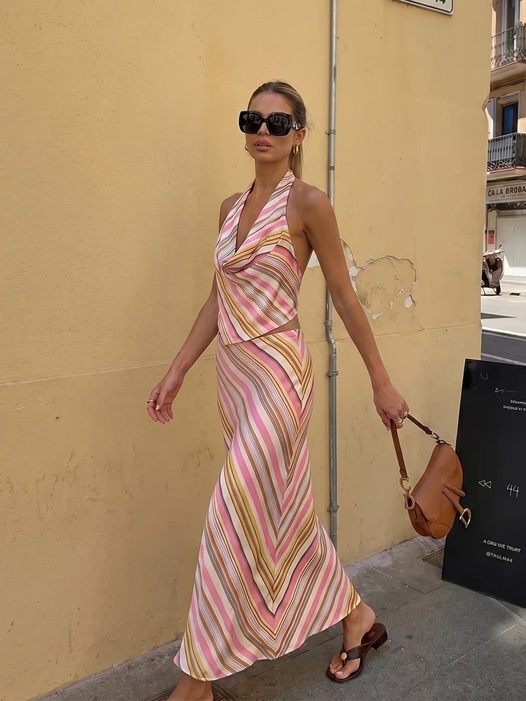 Sienna Bohemian Striped Satin Two-Piece Set - Women's Coordinated Two-Piece Outfit - Image 2