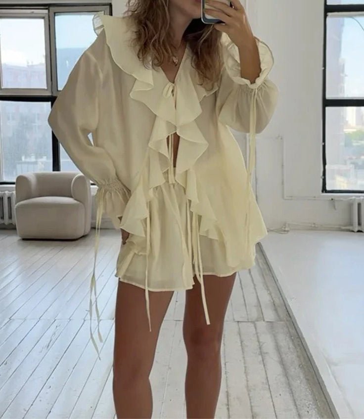 Hannah Ruffled Tie Top Shorts Set - Women's Coordinated Two-Piece Outfit - Image 3