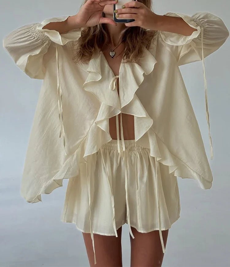 Hannah Ruffled Tie Top Shorts Set - Women's Coordinated Two-Piece Outfit