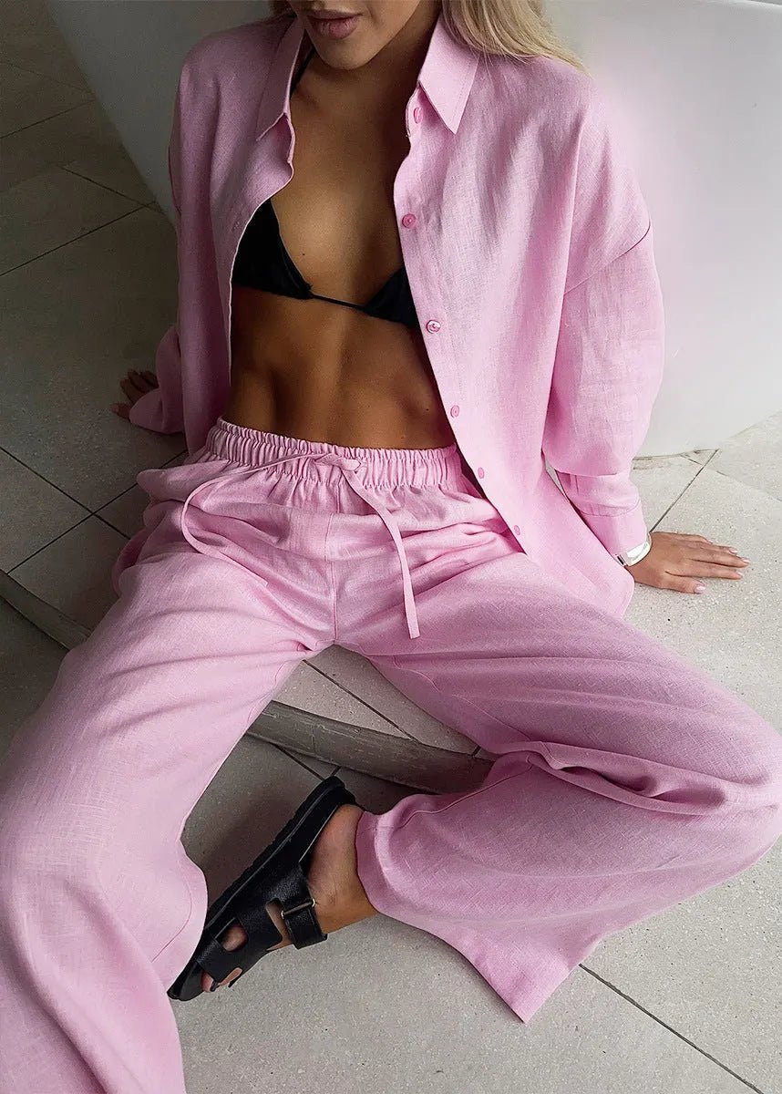 Katie Cotton Lounge Set with Button-Up Shirt & Wide Pants - Women's Coordinated Two-Piece Outfit - Image 4