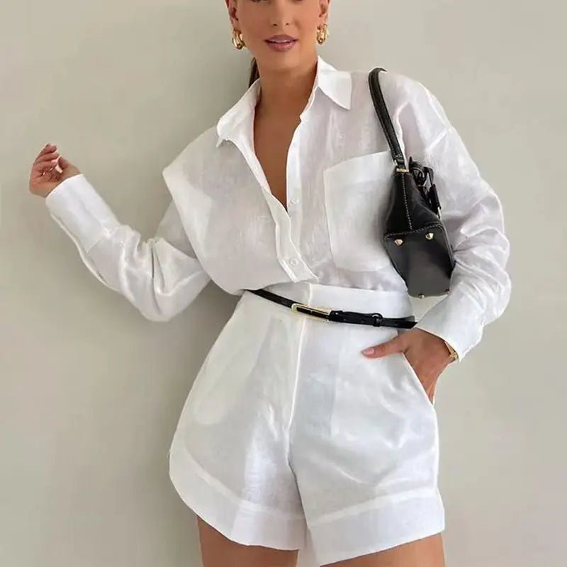 Solenn Long Sleeve High Waist Shorts Linen Set - Women's Coordinated Two-Piece Outfit - Image 2