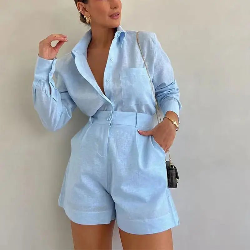 Solenn Long Sleeve High Waist Shorts Linen Set - Women's Coordinated Two-Piece Outfit - Image 4