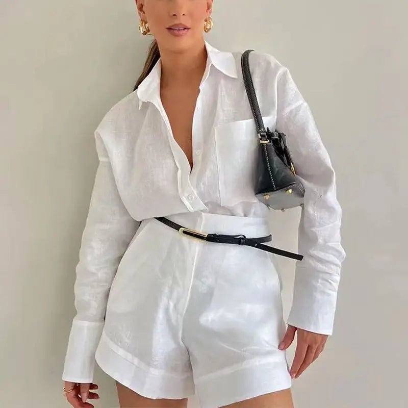 Solenn Long Sleeve High Waist Shorts Linen Set - Women's Coordinated Two-Piece Outfit
