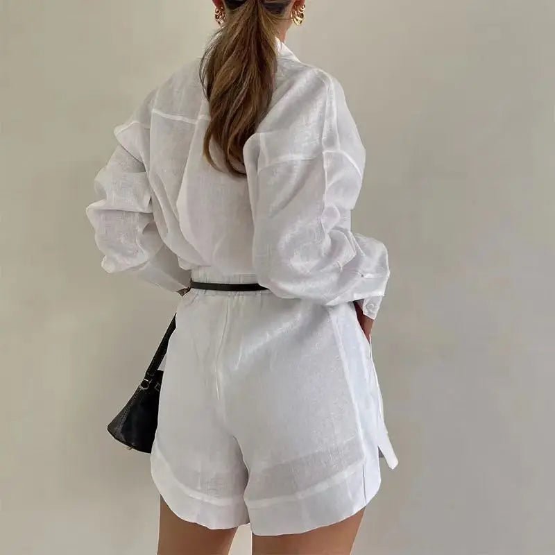 Solenn Long Sleeve High Waist Shorts Linen Set - Women's Coordinated Two-Piece Outfit - Image 3
