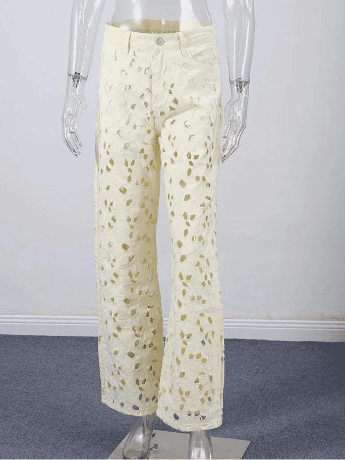 Rachel Hollow-Out Denim High Waist Straight Jeans - Women's Everyday Pants - Image 6