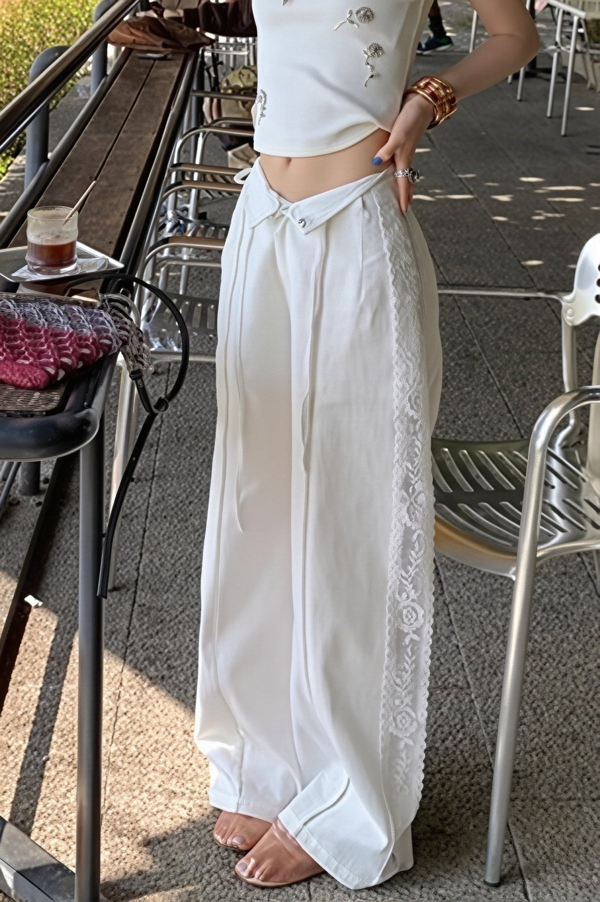 Clara Linen Lace Splicing Straight Pants - Women's Everyday Pants