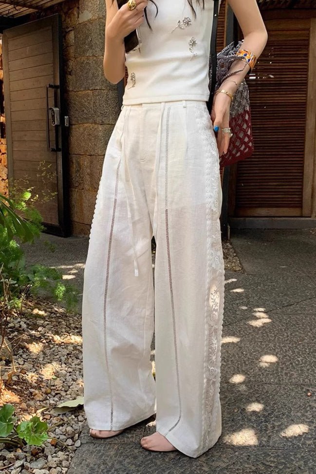 Clara Linen Lace Splicing Straight Pants - Women's Everyday Pants - Image 2