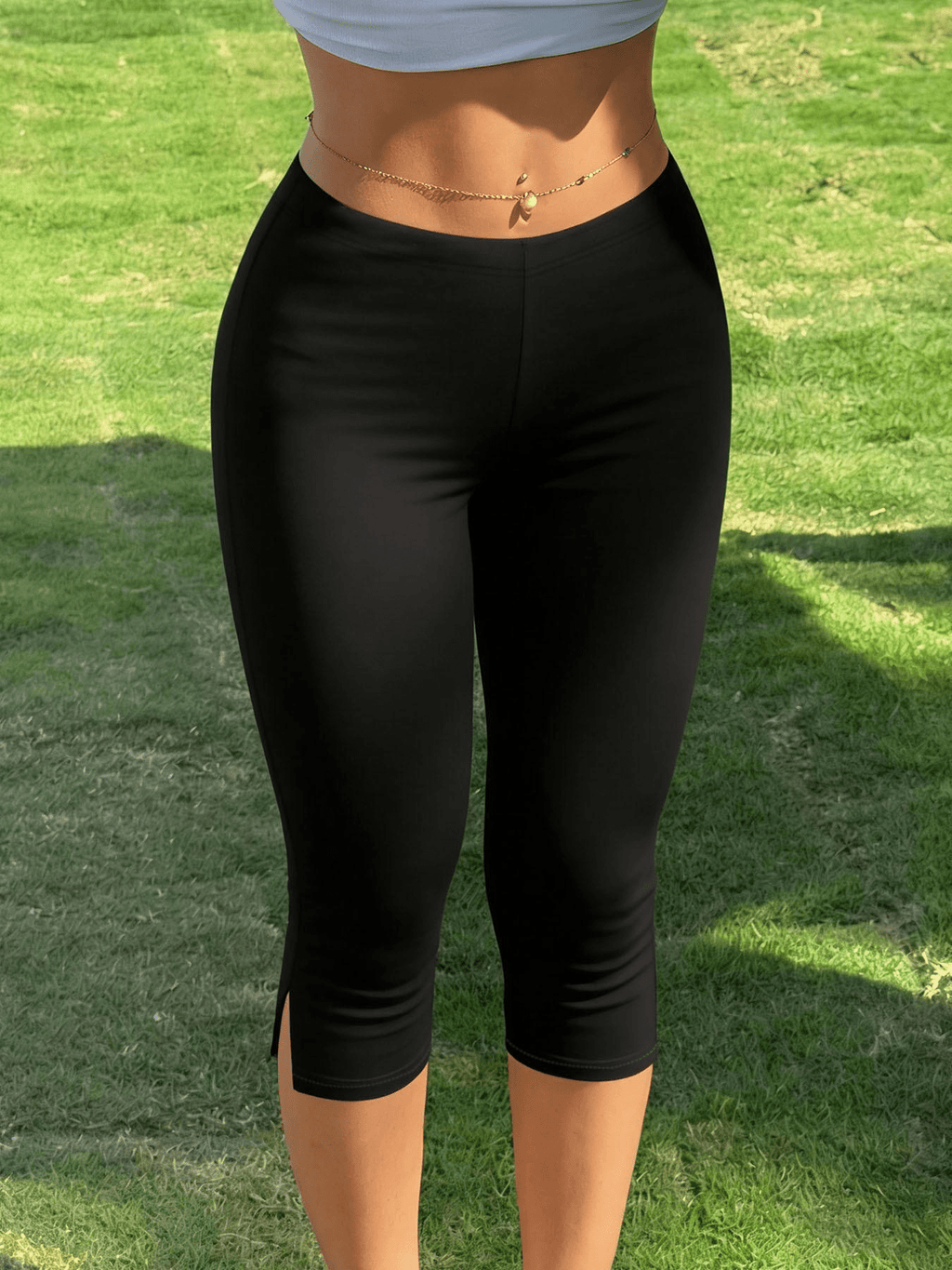 Halia Fold Over Waist Capri Leggings – Slim Fit Cotton Blend Split Hem Pants - Image 6