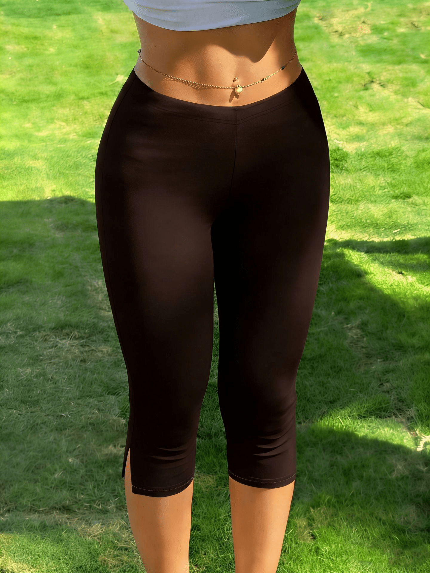 Halia Fold Over Waist Capri Leggings – Slim Fit Cotton Blend Split Hem Pants - Image 5