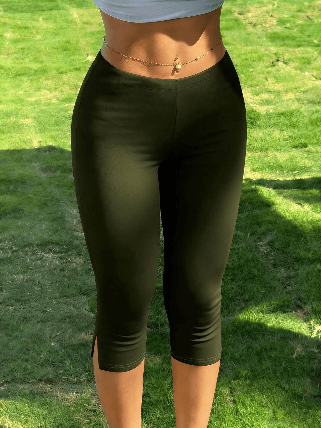Halia Fold Over Waist Capri Leggings – Slim Fit Cotton Blend Split Hem Pants - Image 10