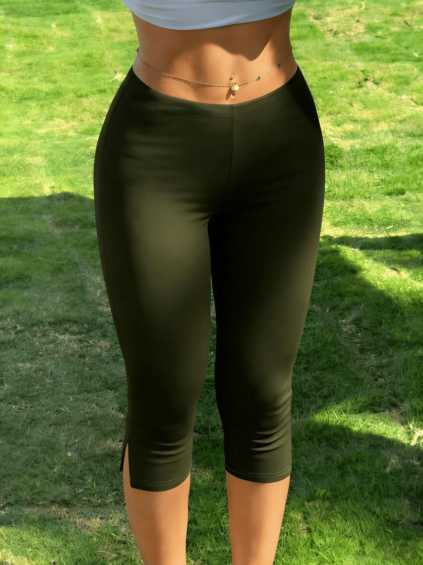 Halia Fold Over Waist Capri Leggings – Slim Fit Cotton Blend Split Hem Pants - Image 10