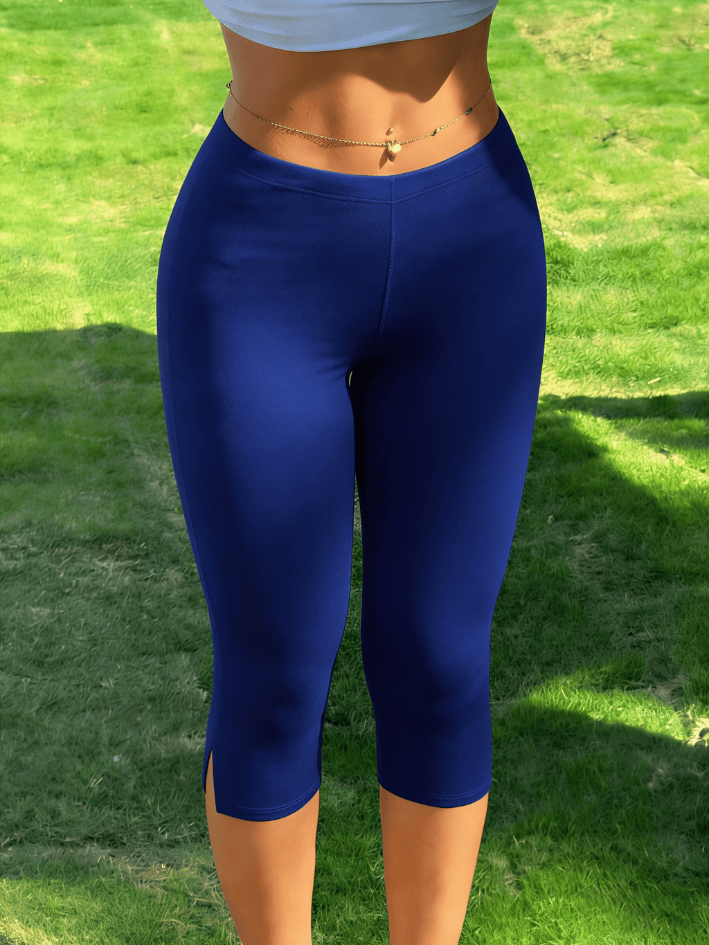 Halia Fold Over Waist Capri Leggings – Slim Fit Cotton Blend Split Hem Pants - Image 8