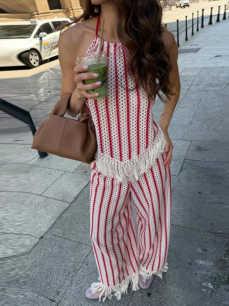 Teresa Striped Fringe Two-Piece Set - Women's Coordinated Pants Outfit - Image 3