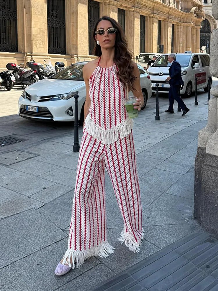 Teresa Striped Fringe Two-Piece Set - Women's Coordinated Pants Outfit - Image 4
