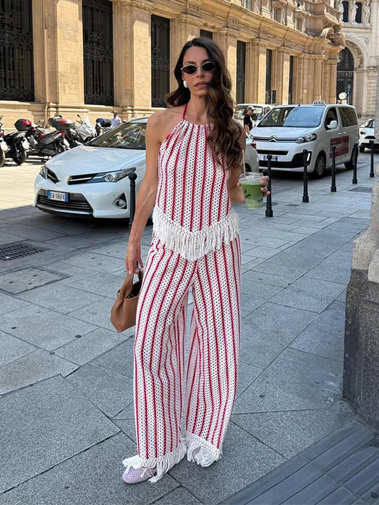 Teresa Striped Fringe Two-Piece Set - Women's Coordinated Pants Outfit