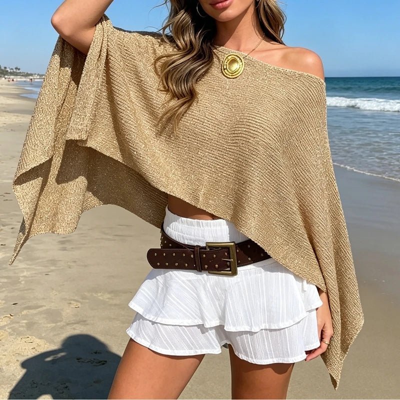 Ailva Shimmer Off-Shoulder Poncho Cape - Women's Layering Outerwear - Image 2