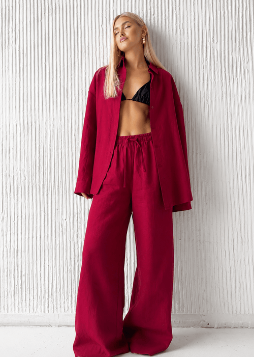 Adero Relaxed Cotton Shirt & Wide-Leg Pants Set - Women's Coordinated Outfit