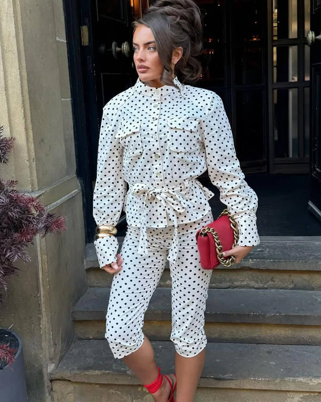 Jia Polka Dot High-Waist Trouser Set - Women's Coordinated Two-Piece Outfit