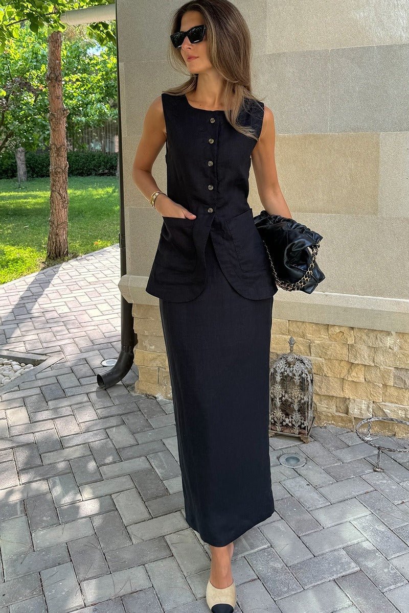 Lorelei Linen Vest High Waist Skirt Set - Women's Coordinated Two-Piece Outfit