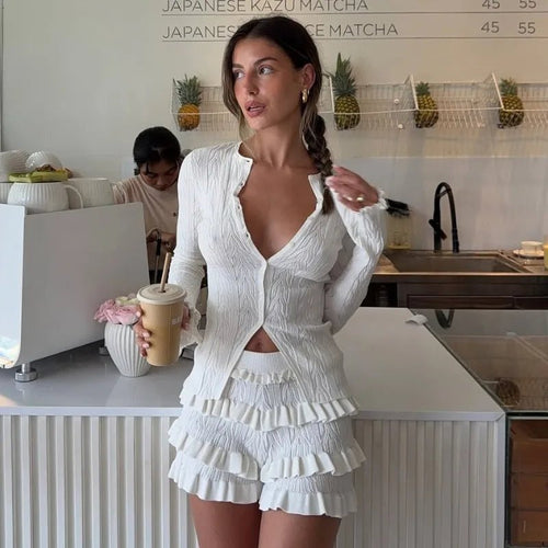Aira Knitted Top & Tiered Shorts Set - Women's Coordinated Two-Piece Outfit