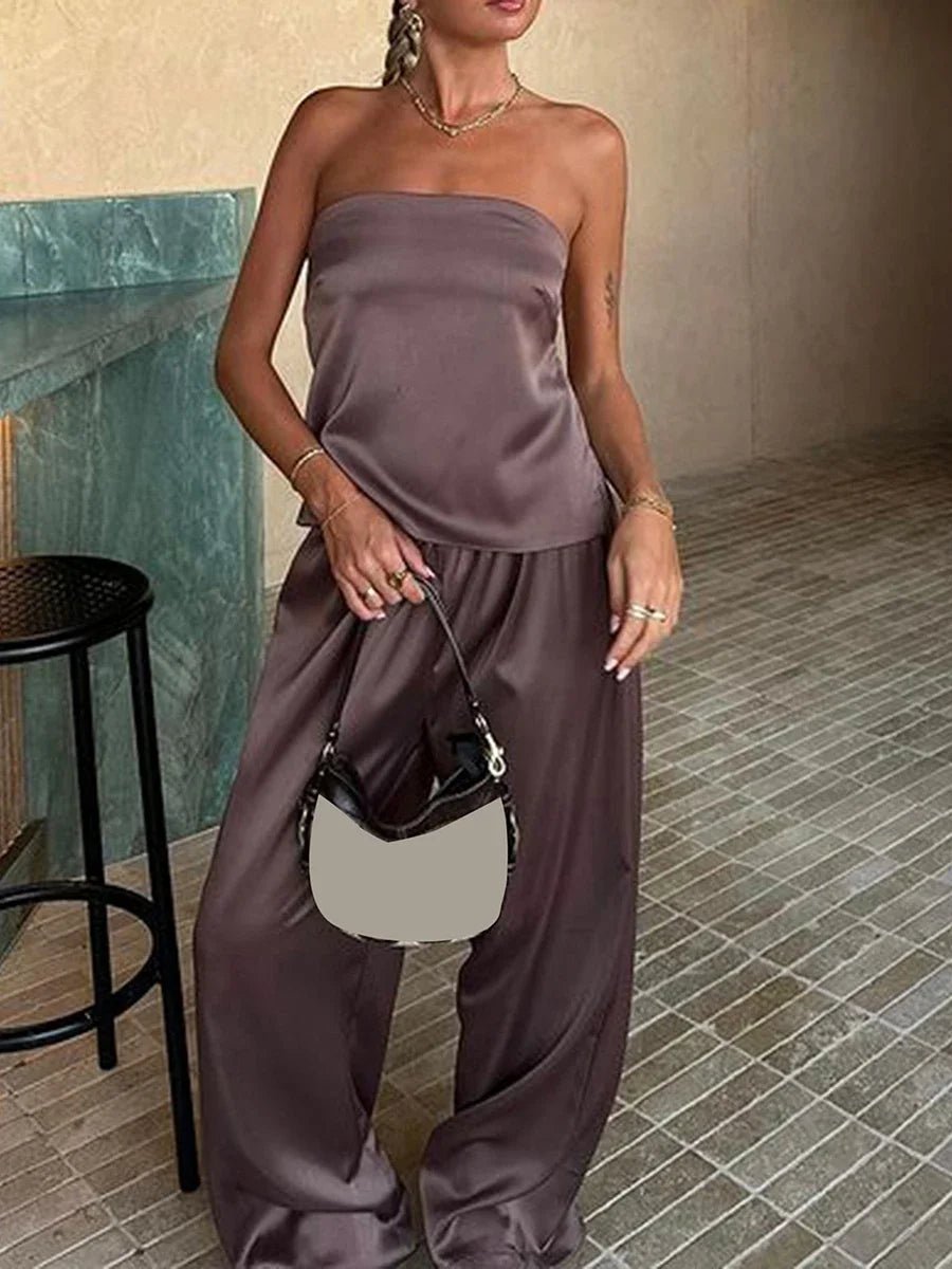 Chandra Satin Wide Leg Set - Women's Coordinated Two-Piece Outfit