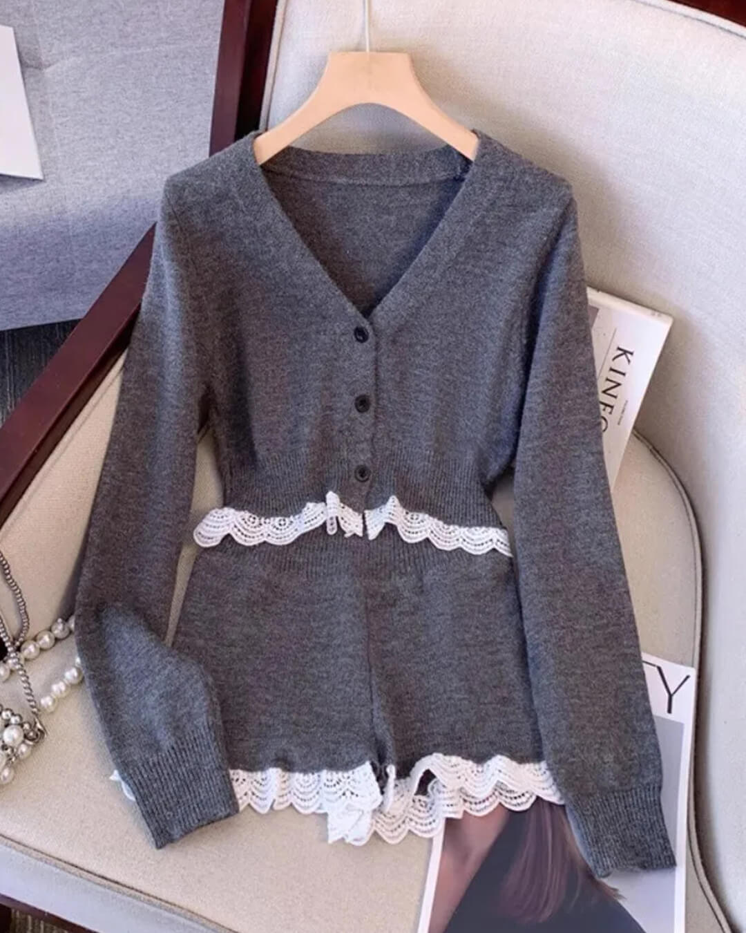 Lucy Lace Trim Cardigan Short Set - Women's Coordinated Two-Piece Outfit - Image 4