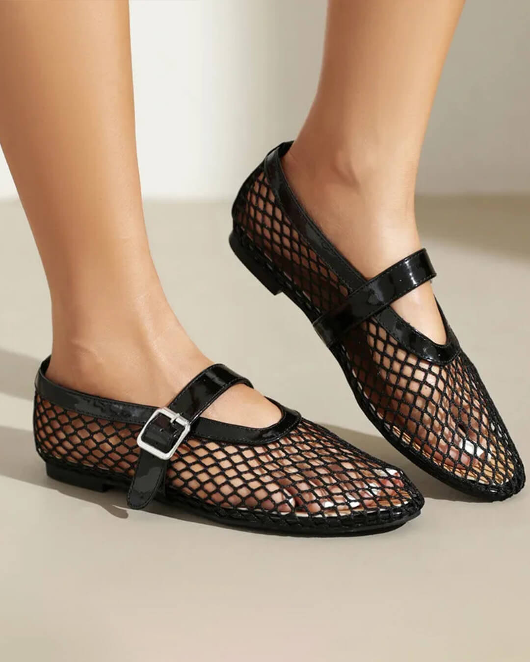 Bianca Breathable Mesh Ballet Flats with Buckled Ankle Strap