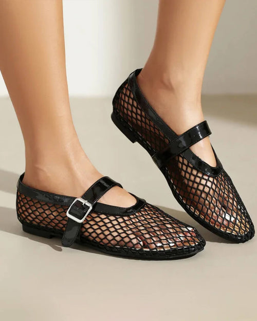 Bianca Breathable Mesh Ballet Flats with Buckled Ankle Strap