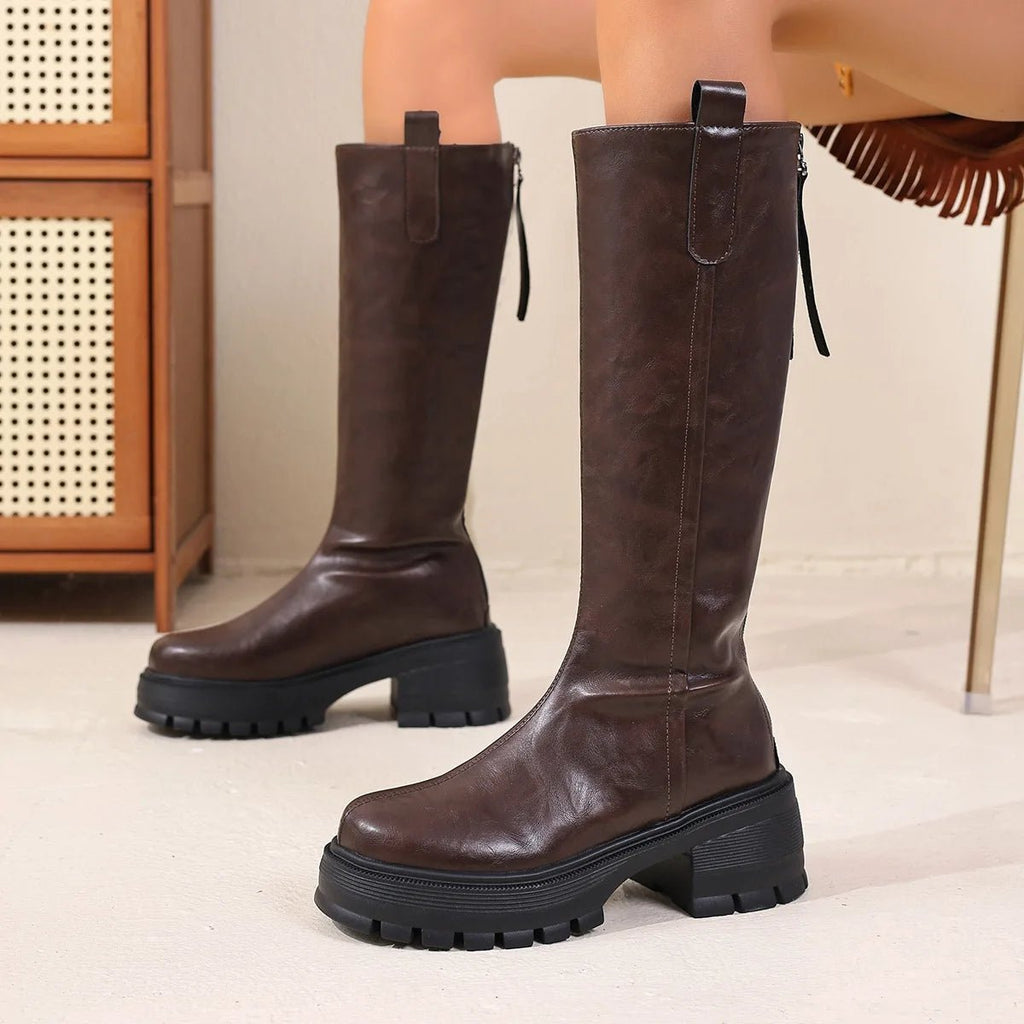 Feliz Women's Knee High Leather Boots - Chunky Sole Round Toe - Image 6