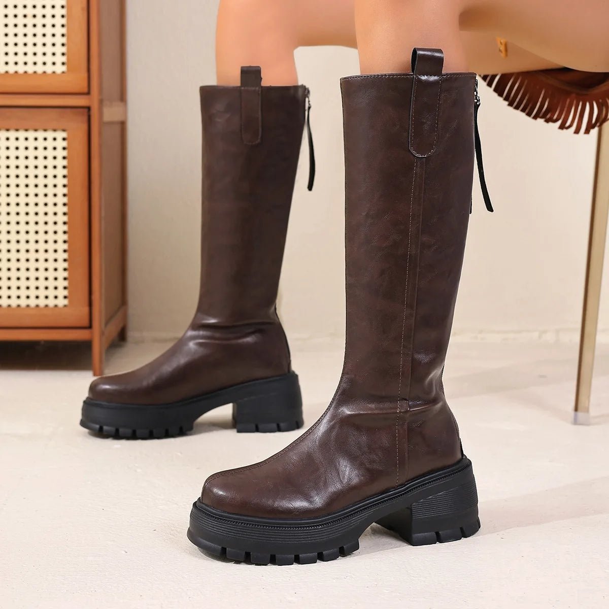 Feliz Women's Knee High Leather Boots - Chunky Sole Round Toe - Image 6