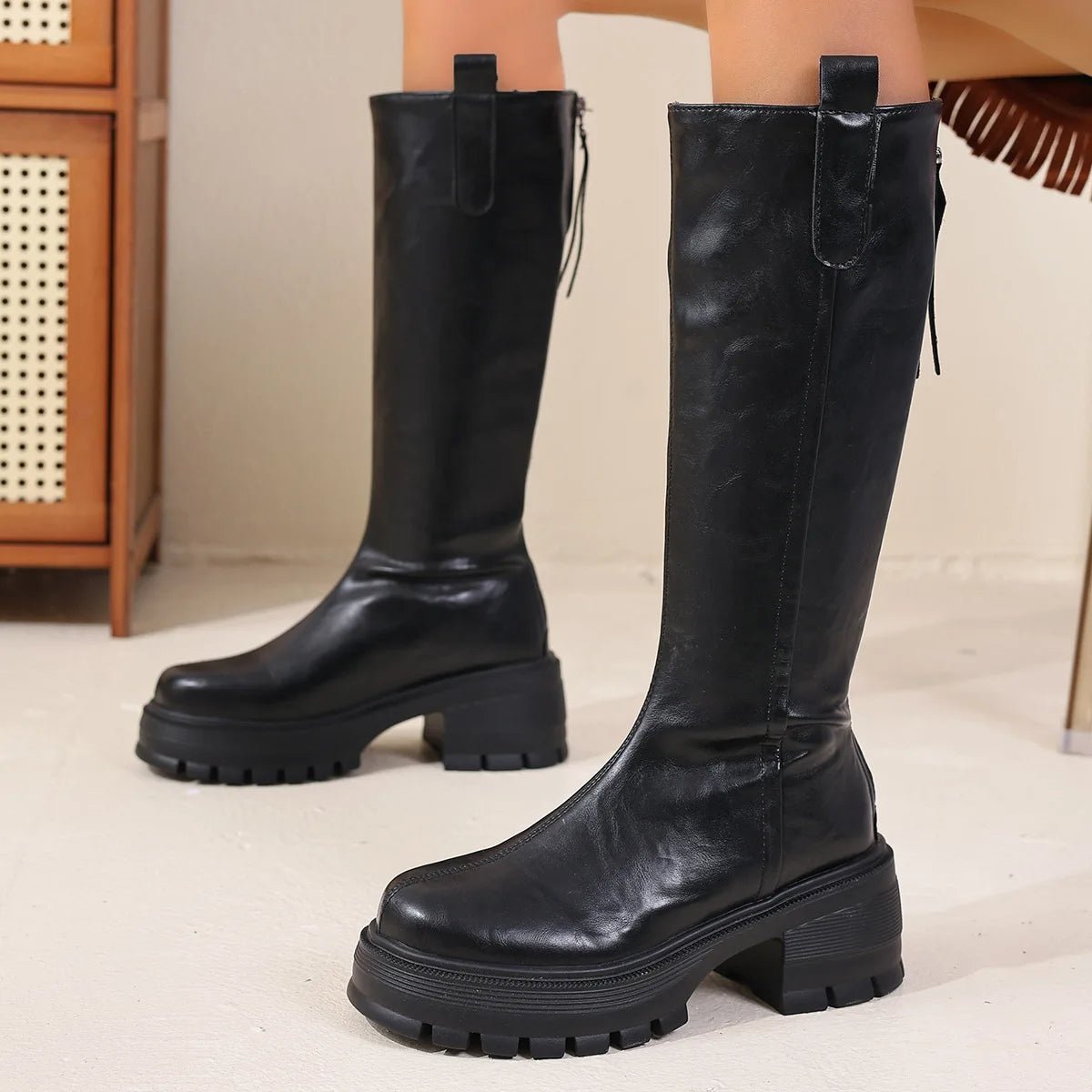 Feliz Women's Knee High Leather Boots - Chunky Sole Round Toe - Image 2