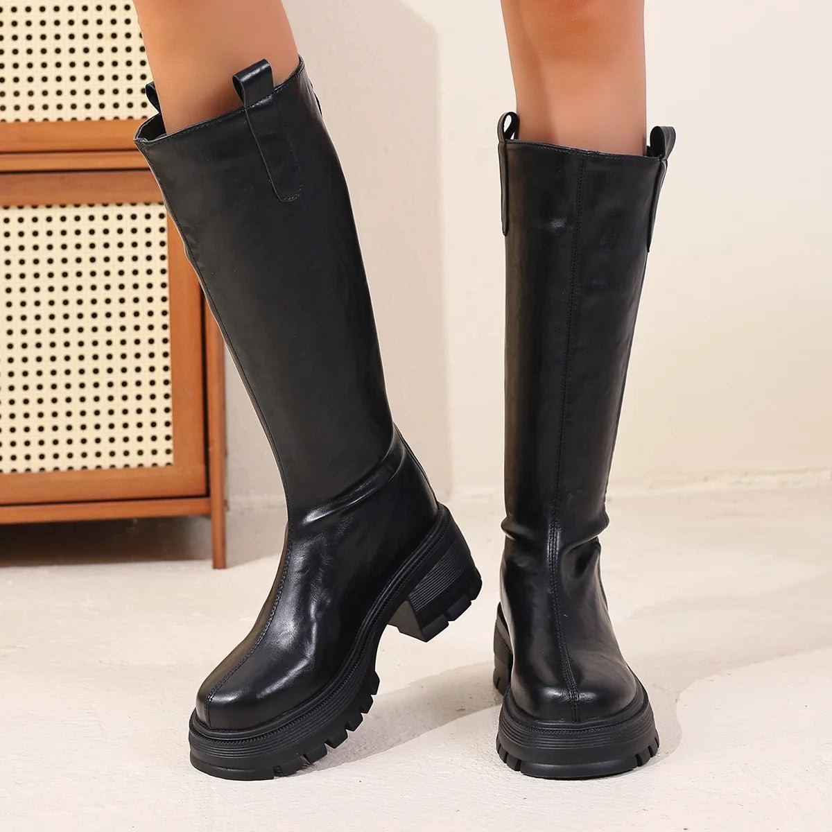 Feliz Women's Knee High Leather Boots - Chunky Sole Round Toe