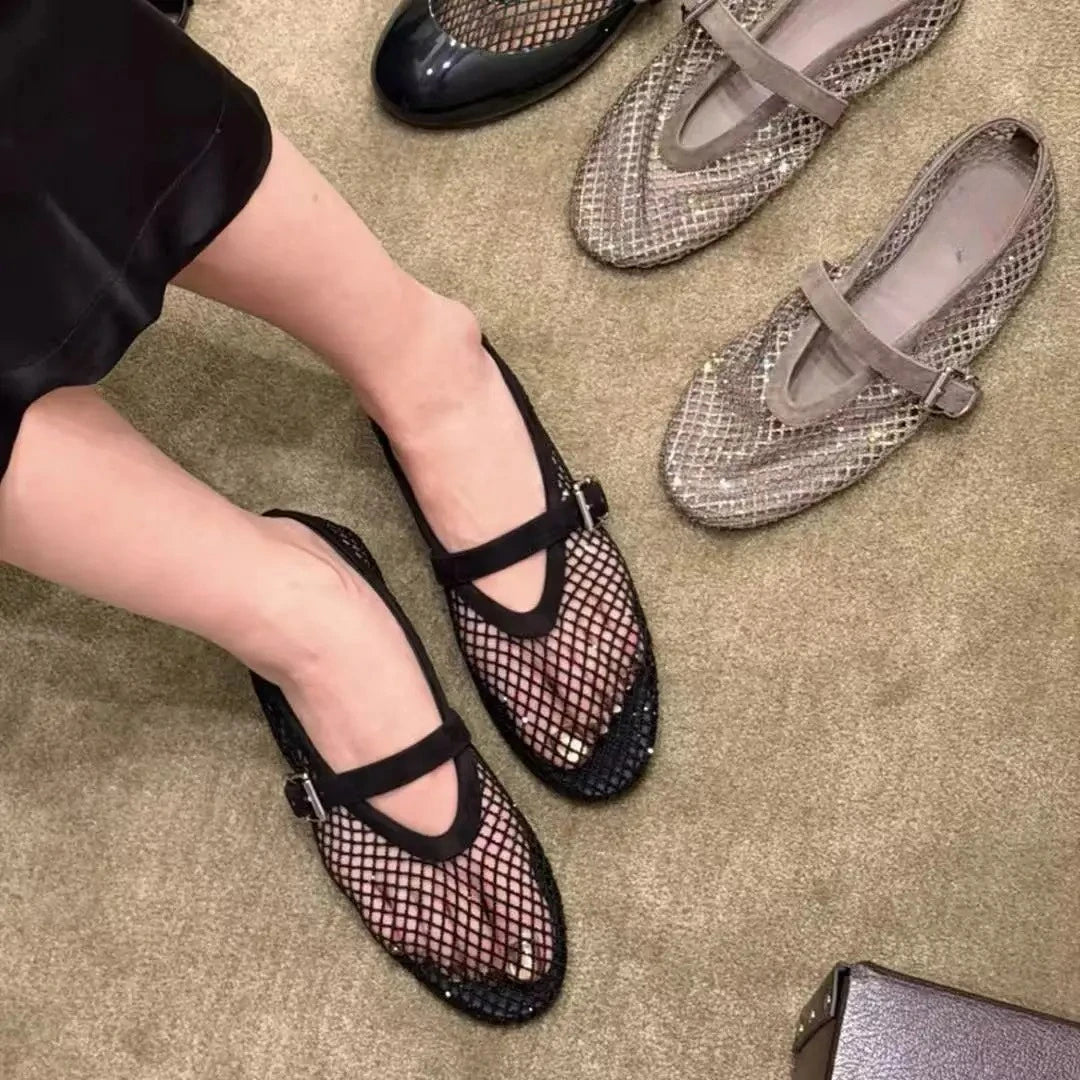 Jessica Rhinestone Mesh Ballet Flats - Breathable Mary Jane Dress Flats - Image 5