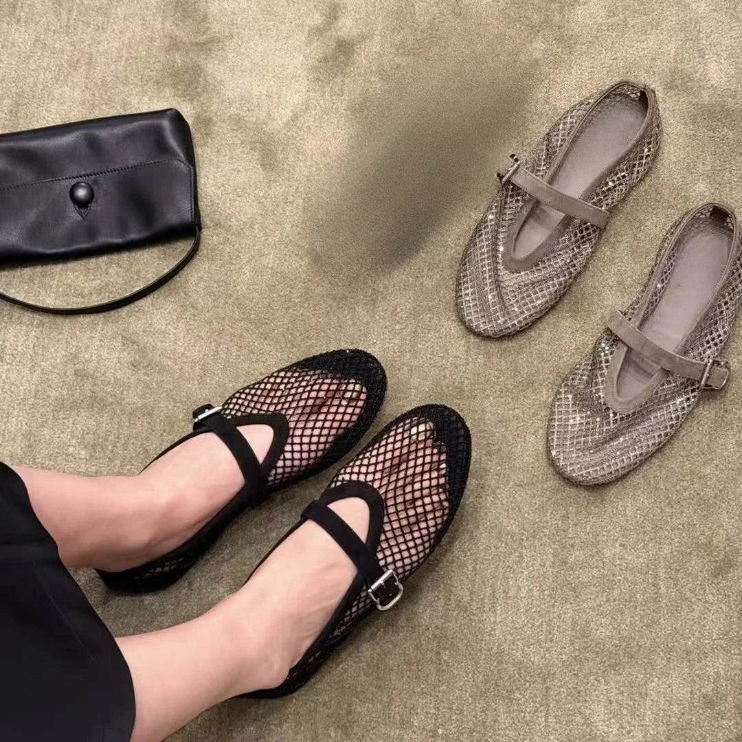 Jessica Rhinestone Mesh Ballet Flats - Breathable Mary Jane Dress Flats - Image 4