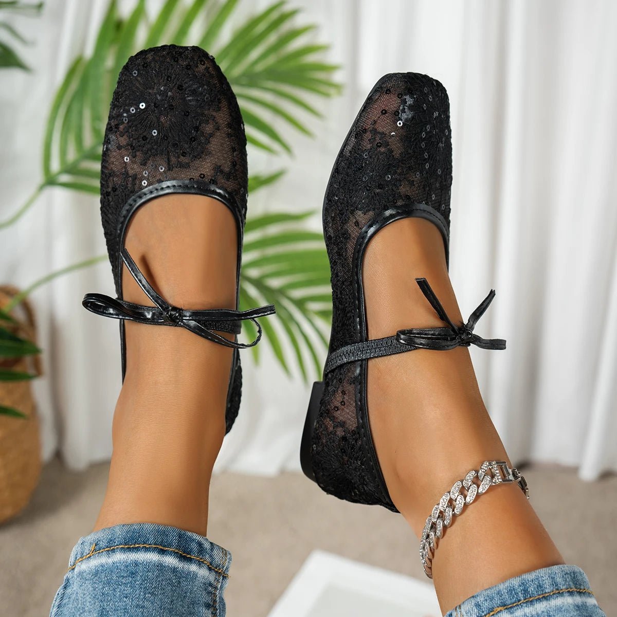 Joan Mesh Ballet Flats for Women - Square Toe Mary Jane Slip-On Flats - Image 10