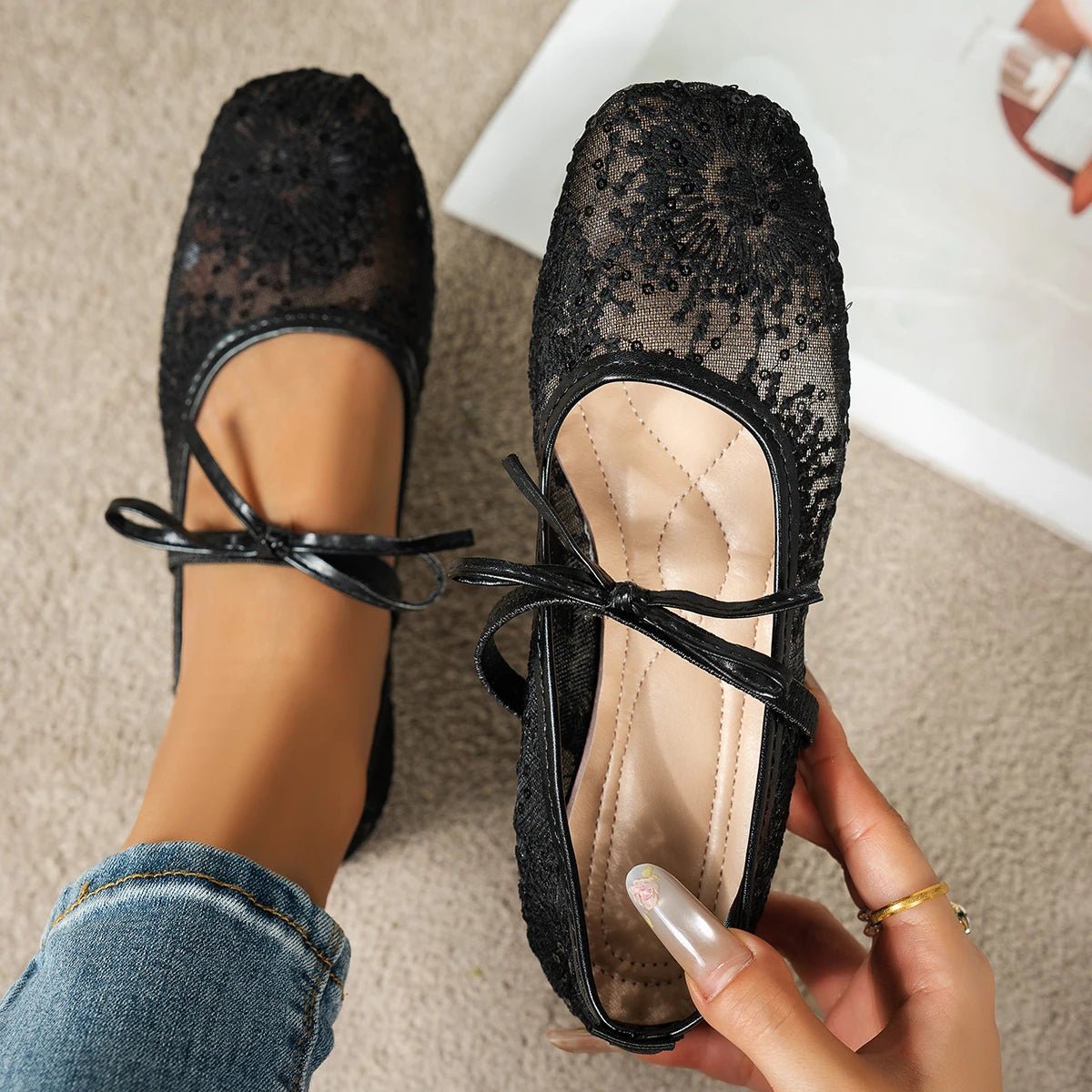 Joan Mesh Ballet Flats for Women - Square Toe Mary Jane Slip-On Flats - Image 11