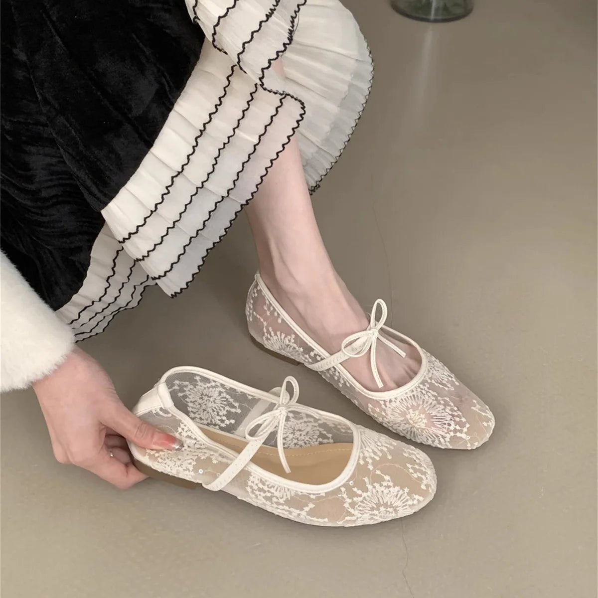 Saskia Embroidered Mesh Ballet Flats - Women's Fashion Footwear
