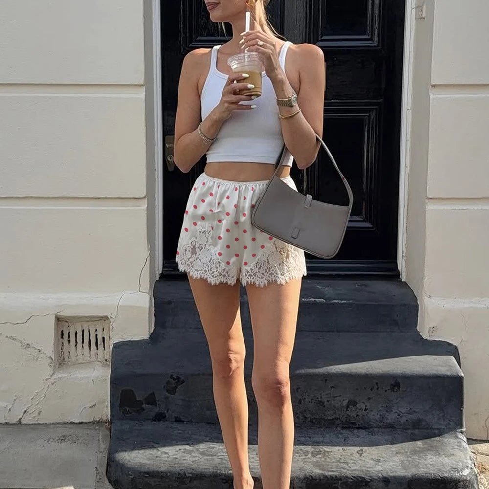 Pauleen Polka Dot Lace Trim Shorts - Women's Casual Shorts