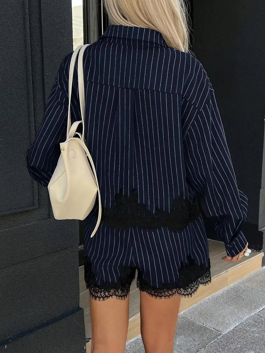 Kate Pinstripe Lace Trim Hem Shorts Set - Women's Coordinated Shorts Outfit - Image 2