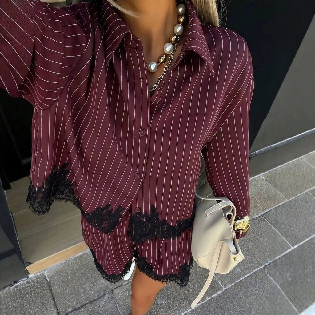 Kate Pinstripe Lace Trim Hem Shorts Set - Women's Coordinated Shorts Outfit - Image 4