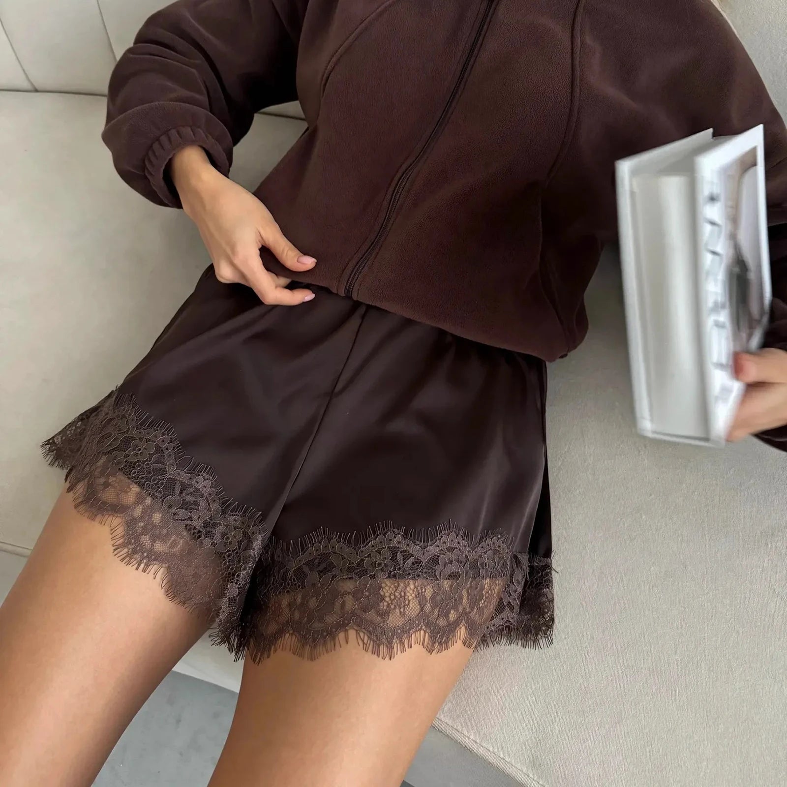 Suzette Lace Satin Shorts - Women's Casual Shorts - Image 2