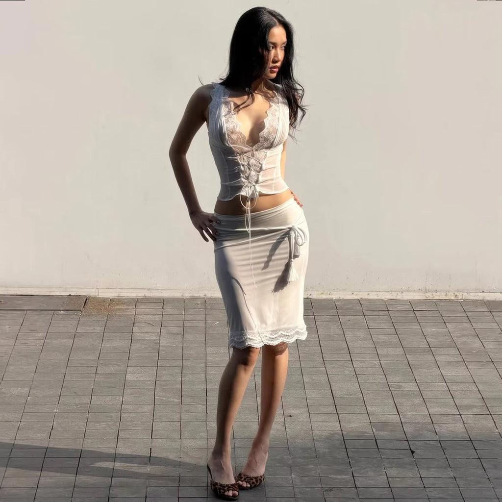 Guinevere Lace Trim Tie Back Skirt Set - Women's Fashion Skirt - Image 6