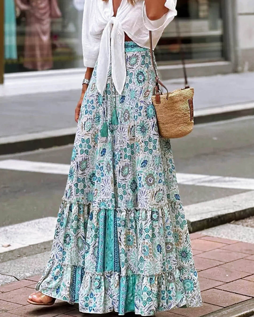 Celeste Flowy Boho Print Ruffled Hem Skirt - Women's Fashion Skirt