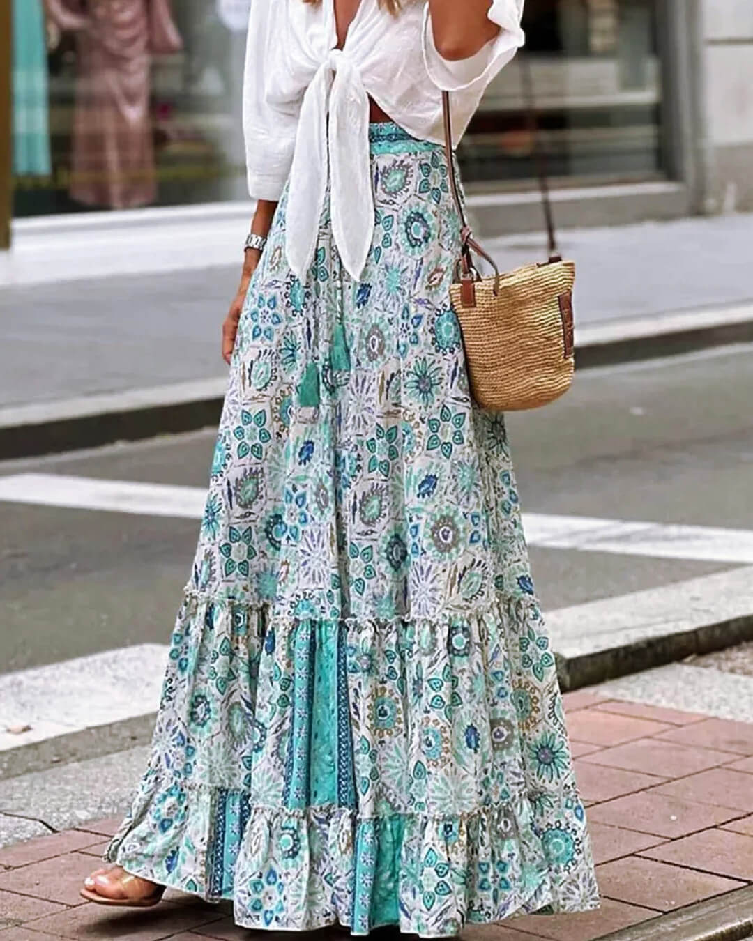 Celeste Flowy Boho Print Ruffled Hem Skirt - Women's Fashion Skirt