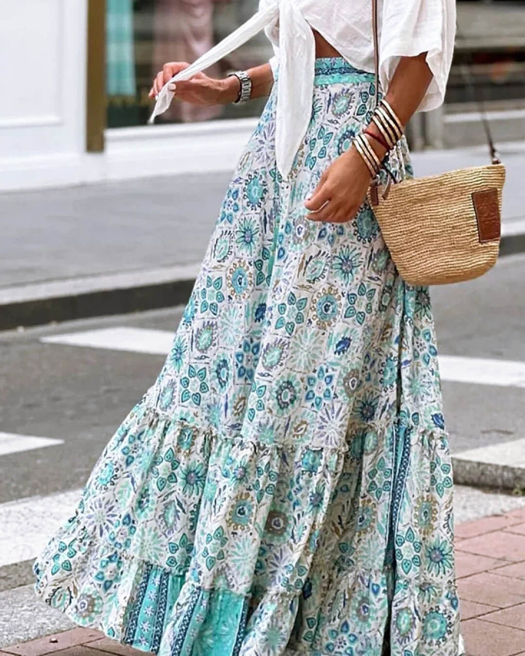 Celeste Flowy Boho Print Ruffled Hem Skirt - Women's Fashion Skirt - Image 2
