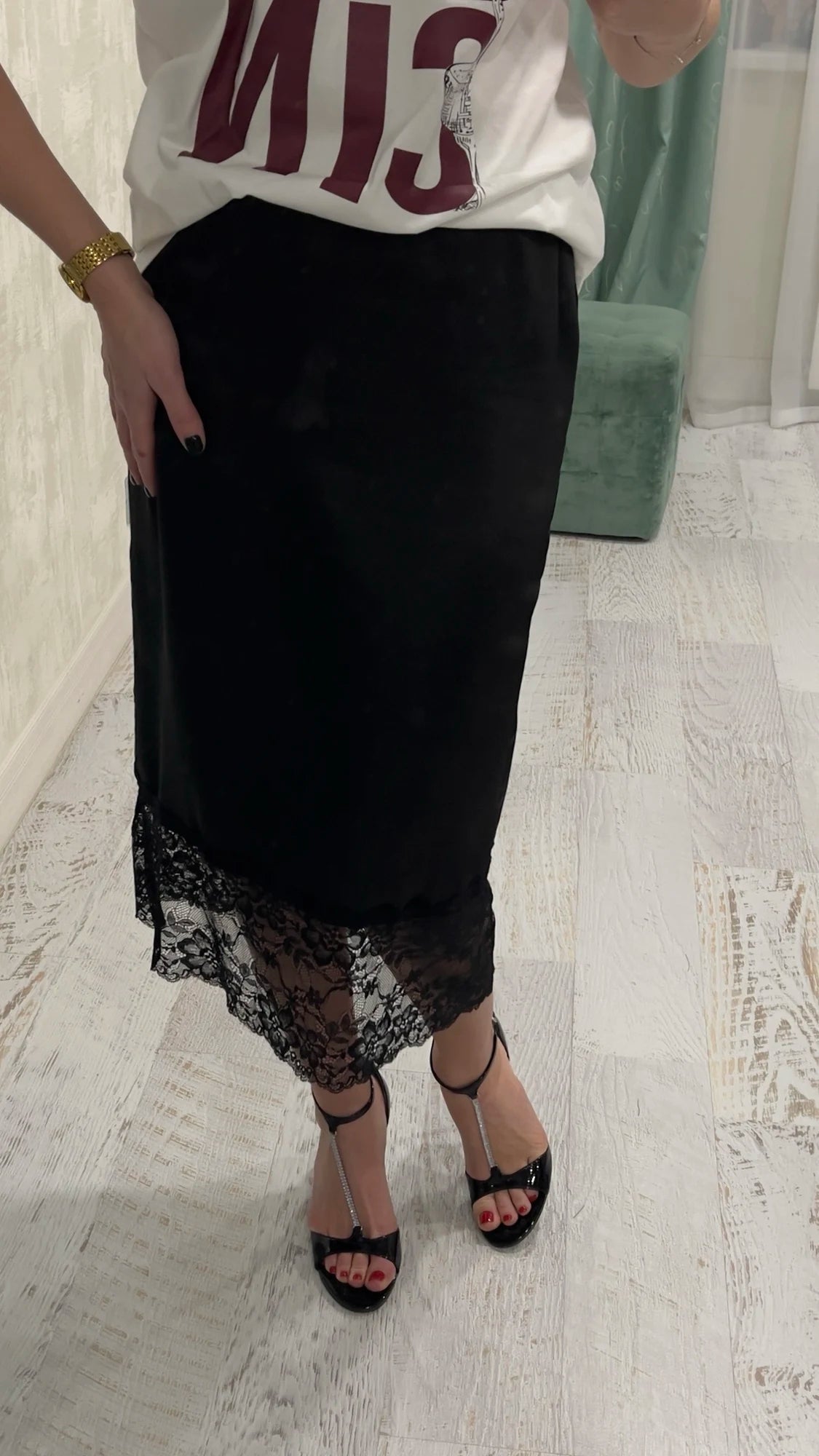 Cheska Lace Hem Satin Long Skirt with Slit - Women's Fashion Skirt - Image 3