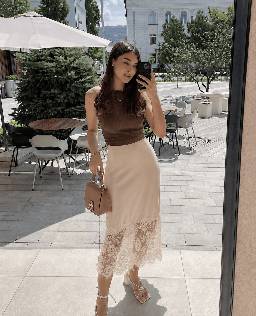 Cheska Lace Hem Satin Long Skirt with Slit - Women's Fashion Skirt