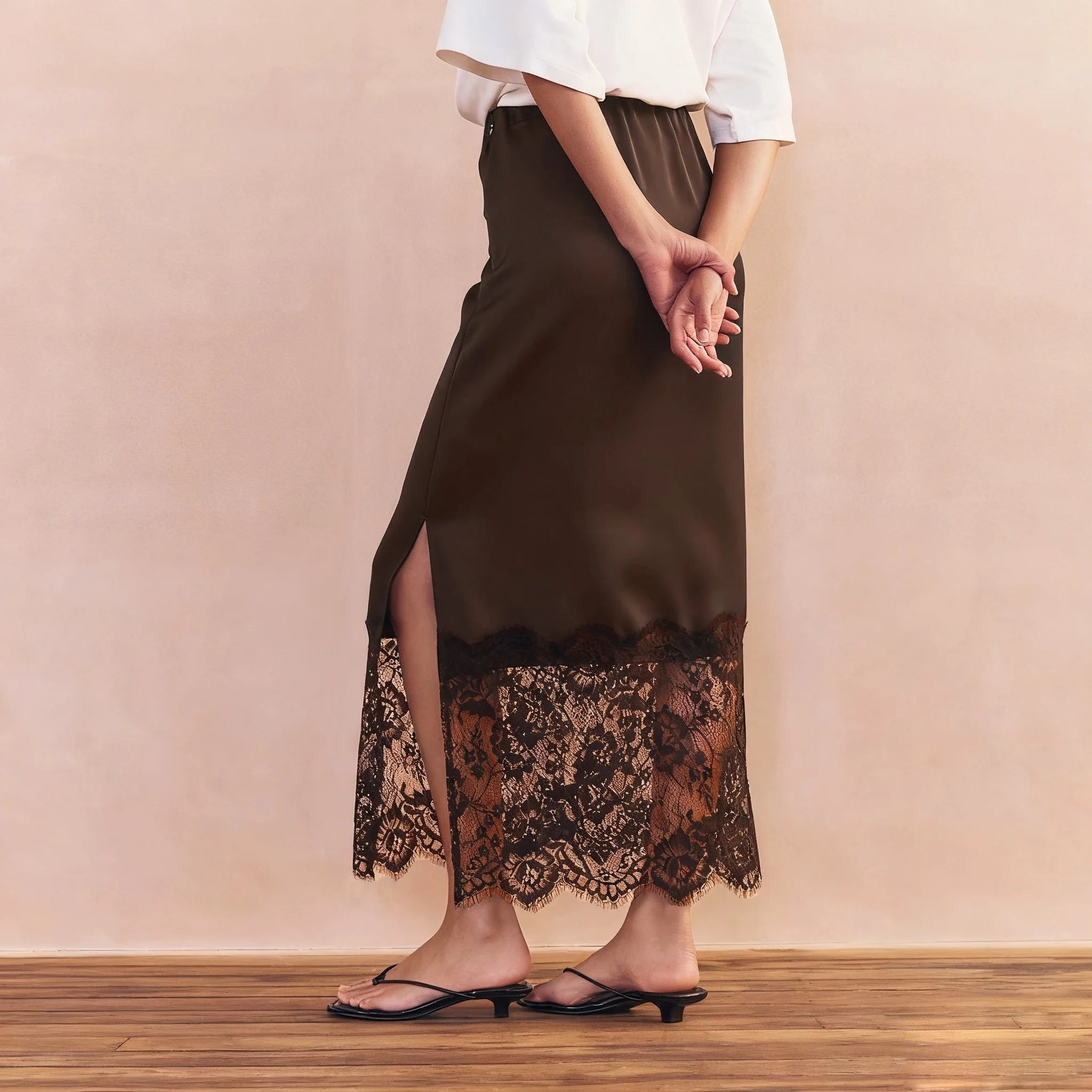 Cheska Lace Hem Satin Long Skirt with Slit - Women's Fashion Skirt - Image 6